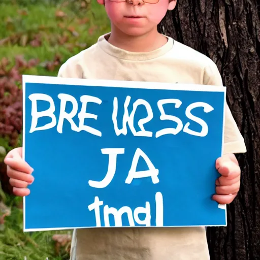 Image similar to A boy holding a sign saying, james