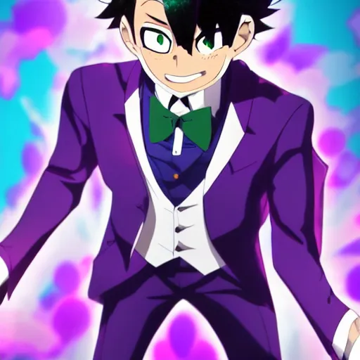 Image similar to a guy with black hair, wears a comedian purple suit and a red bowtie, anime character design key visual, Official media from My Hero Academia, sharp, 4k HD