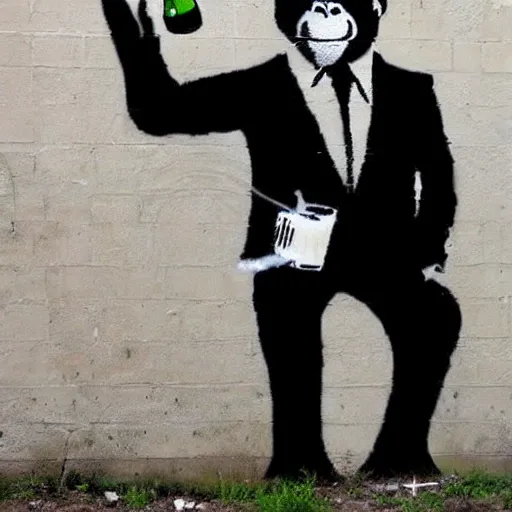 Image similar to Graffiti by Banksy of an ape in a suit drinking champagne