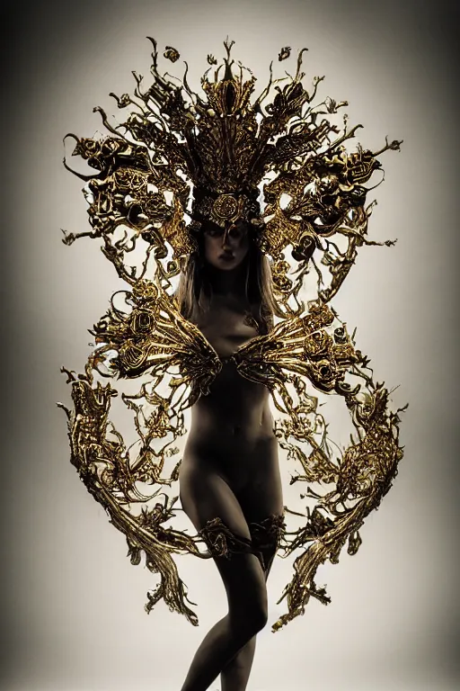 Image similar to a portrait of female model by stefan geselle and nekro borja, photorealistic, intricate details, hyper realistic, fantasy, ornate metal gold headpiece, photorealistic, canon r 3, photography, wide shot, photography, dark beauty, symmetrical features, wide angle shot, whole body, full body shot, standing pose, feet on the ground