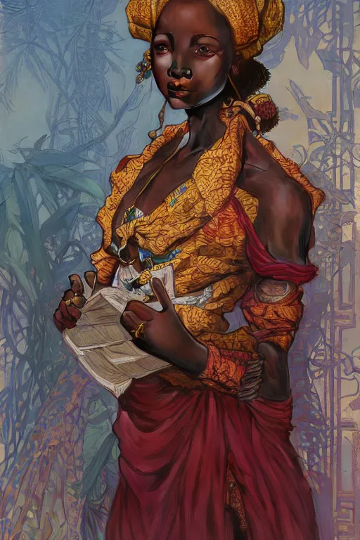 Prompt: african girl in traditional clothes in an office, art by joseph leyendecker, donato giancola, ruan jia, marc simonetti, peter mohrbacher, ayami kojima, cedric peyravernay, alphonse mucha, victo ngai, hyper detailed 4 k