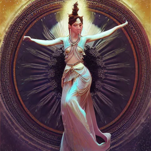 Image similar to a goddess dancing in the desert, symmetrical face, fantasy, intricate and very beautiful and elegant, highly detailed, digital painting, artstation, concept art, smooth and sharp focus, illustration, art by tan zi and ayanamikodon and alphonse mucha and wlop