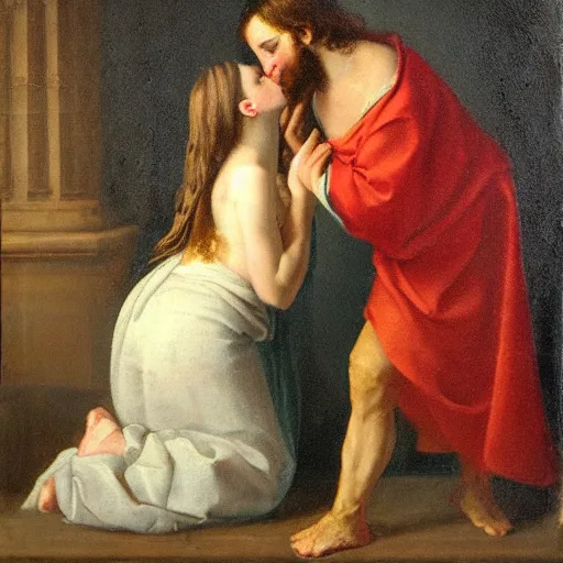 Image similar to 1 8 th oil panting of a jesus kissing with maria maddalena