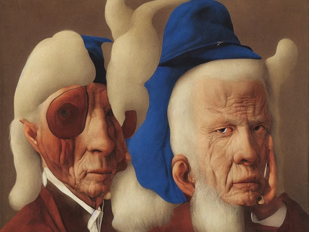 Image similar to Portrait of albino mystic with blue eyes, in the nasal cavity of an old man. Painting by Jan van Eyck, Audubon, Rene Magritte, Agnes Pelton, Max Ernst, Walton Ford
