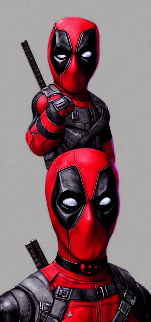 Prompt: portrait of baby deadpool, elegant, glowing lights, highly detailed, hdr, artstation, concept art