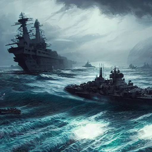 Prompt: A warship battling Cthulhu, Illustration, By Greg Rutkowski