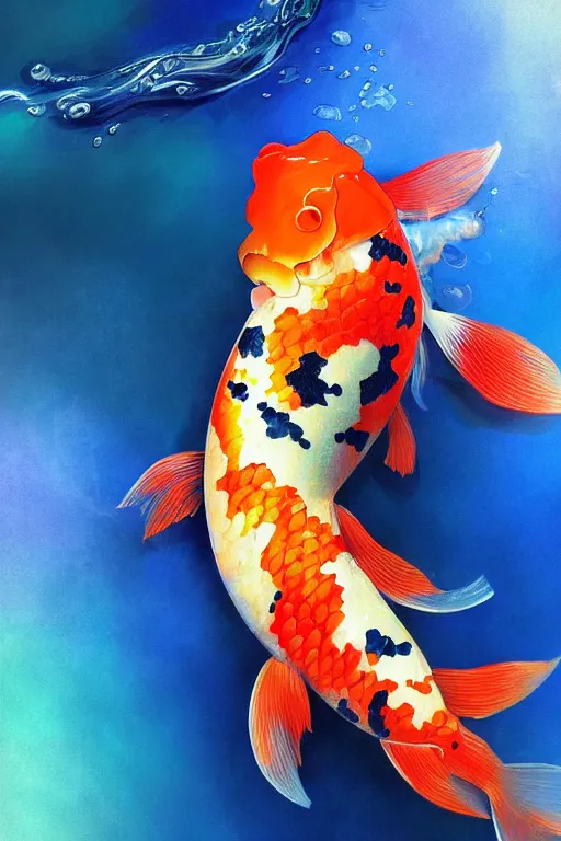 Image similar to a koi carp, colorful, blue backgroung,clean, joyful, close-up portrait, intricate, elegant, volumetric lighting, scenery, digital painting, highly detailed, artstation, sharp focus, illustration, concept art, ruan jia, steve mccurry