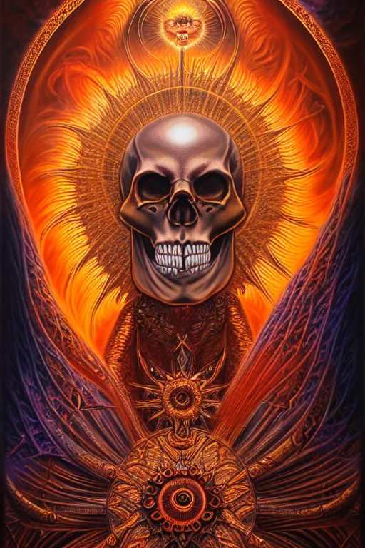 Image similar to A beautiful detailed orixa sun godness, tarot card, by tomasz alen kopera and Justin Gerard, symmetrical features, ominous, magical realism, texture, intricate, ornate, royally decorated, skull, skeleton, whirling smoke, embers, red adornements, red torn fabric, radiant colors, fantasy, trending on artstation, volumetric lighting, micro details, 3d sculpture, ray tracing, 8k, anaglyph effect