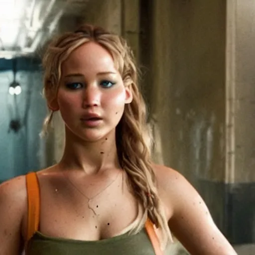 Image similar to still of Jennifer Lawrence as Cammy in remake of movie Street Fighter (2029)