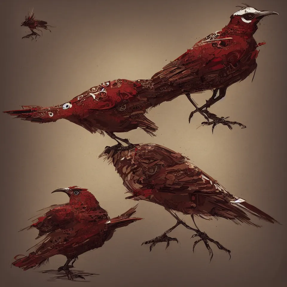 Image similar to a detailed concept art of a steampunk bird by miguel nogueira, gradient dark red, cream and white color scheme, dynamic lighting, cinematic, epic composition, masterpiece