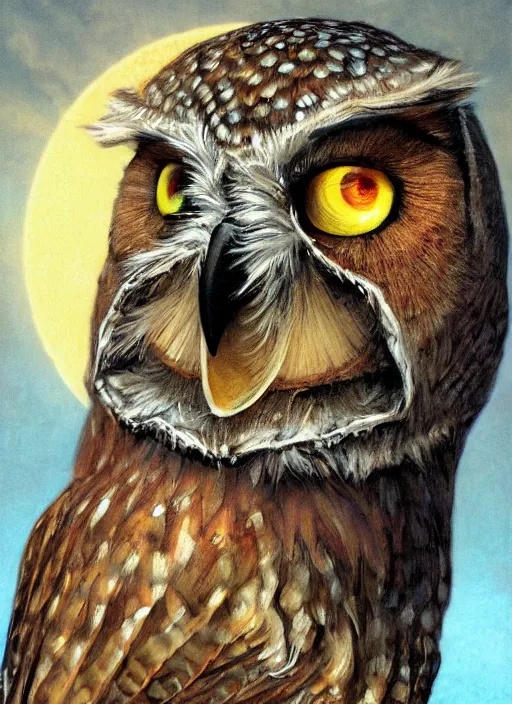 Image similar to biblical mage owl, deep gaze to the side, closeup, bright glowing veins, in clouds, sunset, portrait, by gerald brom, by mikhail vrubel, by terry richardson, by peter elson, muted colors, extreme detail, reflections, trending on artstation, 8 k