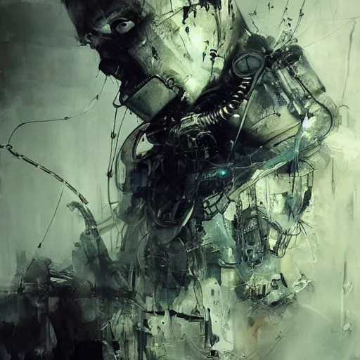 Image similar to cybernetic hunter, cyberpunk, wires, skulls, machines by emil melmoth zdzislaw belsinki craig mullins yoji shinkawa realistic render ominous detailed photo atmospheric by jeremy mann and agnes cecile ink drips paint smears digital glitches glitchart