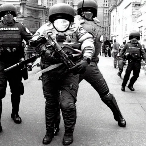 Image similar to a space alien, being arrested by spetsnaz