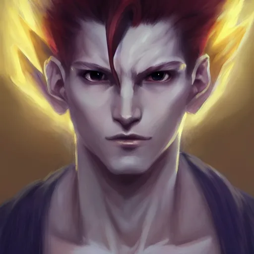 Image similar to portrait of hisoka hunter hunter, male, upper body sharp jaw yellow eyes small eyes red hair, long hair, anime, fantasy, intricate, elegant, highly detailed, digital painting, artstation, concept art, matte, sharp focus, illustration, art by artgerm and greg rutkowski and alphonse mucha