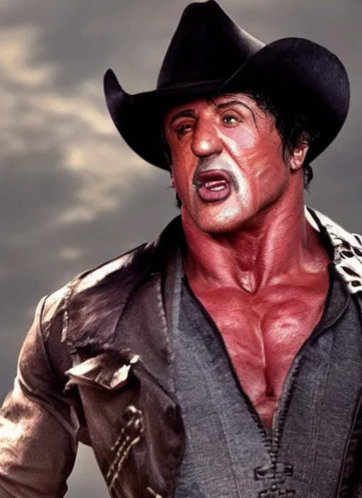 Image similar to an film still of sylvester stallone as cowboy with beard, western background, unreal engine. amazing likeness. very detailed.