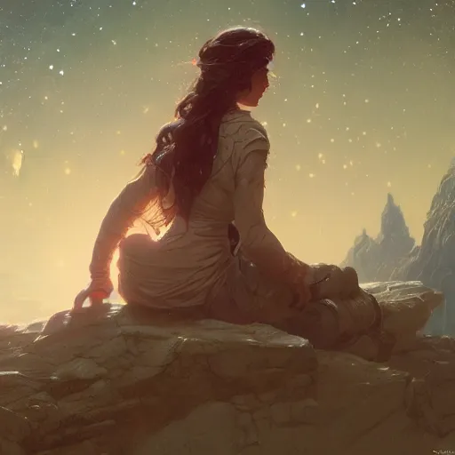 Image similar to A lonely woman sitting on a rock floating in space, stars, cosmic, science fiction, intricate, highly detailed, digital painting, artstation, concept art, sharp focus, cinematic lighting, illustration, greg rutkowski, alphonse mucha, cgsociety