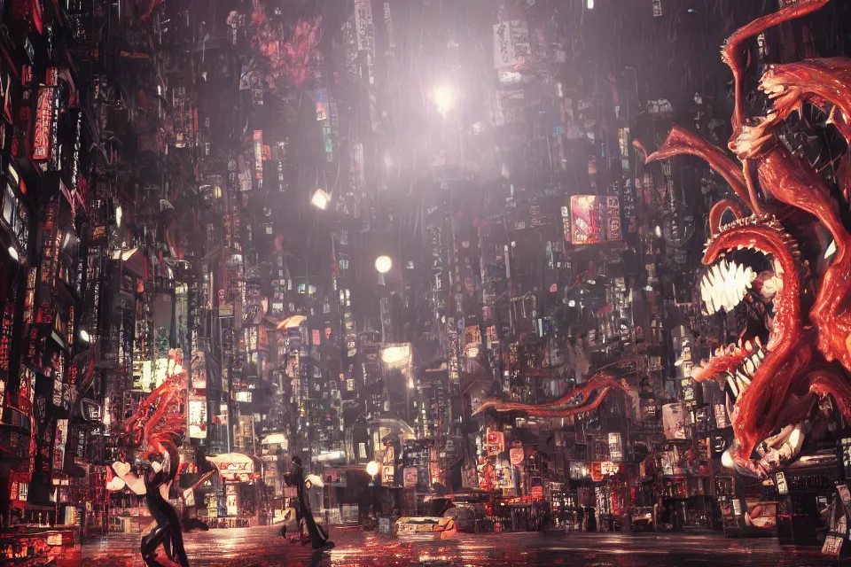 Image similar to Yoshiki Takaya Creatures Battle Junji Ito Demons In Neo Tokyo Year 4000, beautiful aesthetic, photorealistic, volumetric lighting, hyperrealistic, octane render, HDR, photorealistic, bokeh