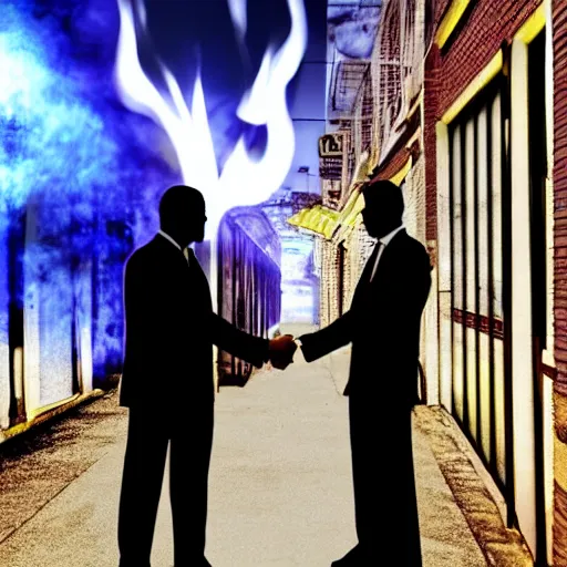 Prompt: A man in a suit on the left shakes hands with a man made of fire and plasma in the right, alleyway, downtown, realistic digital photo, surreal