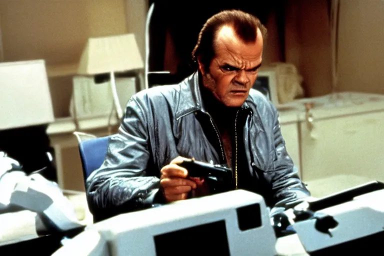 Image similar to Jack Nicholson plays Terminator, scene where he uses computer, still from the film