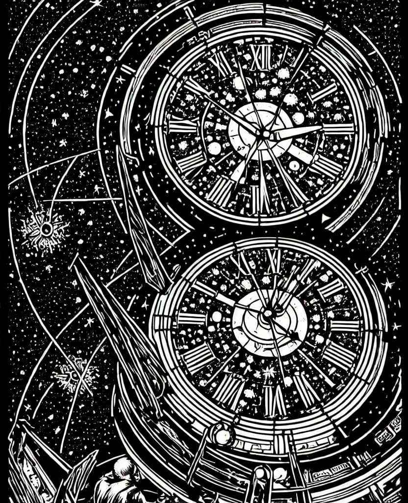 Image similar to majestic grandfather clock, round window looking out to the starry night sky, high details, intricately detailed, by vincent di fate, inking, 3 color screen print, masterpiece, trending on artstation,, sharp, details, hyper - detailed, hd, 4 k, 8 k