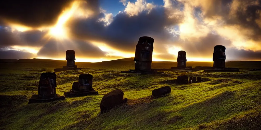 Image similar to amazing landscape photo of astronaut in easter island at dawn by Marc Adamus beautiful dramatic lighting