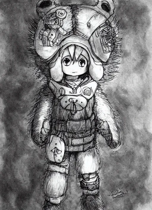 Image similar to beautiful little boy wearing an cyborg bear suit, artwork in kentaro miura and made in abyss and rosdraws, smooth, beautiful lightness, anatomically correct, trending on pixiv, forest