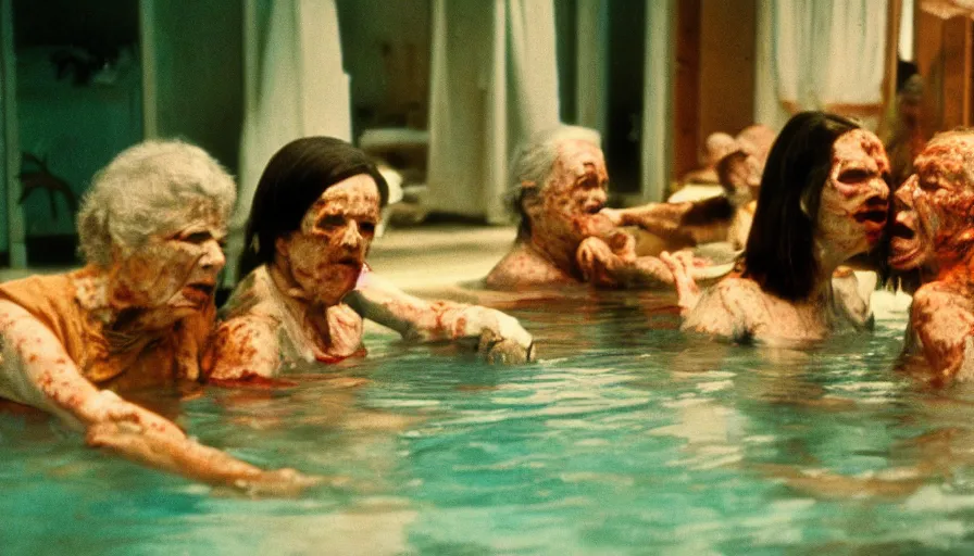 Prompt: 7 0 s film still from a horror movie about elderly people bathing in acid, kodachrome, cinecolor, cinestill, film grain, film texture, retro, cinematic, high resolution, photorealism,