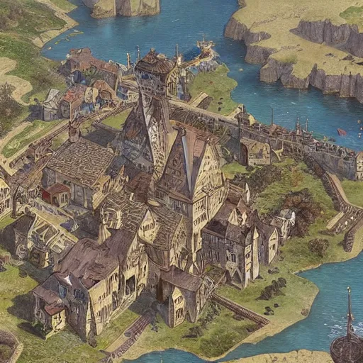 Prompt: Top-down medieval map of a town, D&D, fantasy, highly detailed, digital painting, artstation, smooth, sharp focus, illustration, art by artgerm and greg rutkowski and alphonse mucha