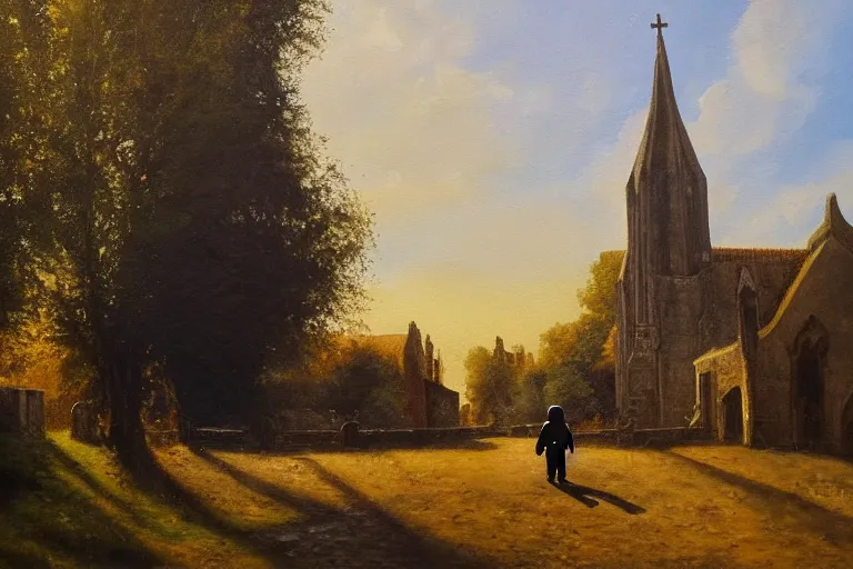 Image similar to a detailed oil painting of darth vader leaving a medieval church in a quaint english village, churchyard, trees, golden hour