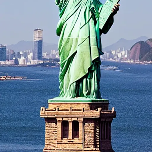 Prompt: photo of the statue of liberty as a brazillian in rio de janeiro, copper cladding