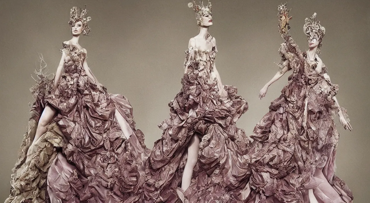 Image similar to fashion design inpired by fairy tale, for dragon queen, designed by alexander mcqueen, rococo