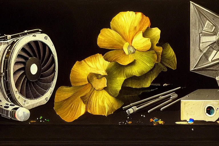 Image similar to a vanitas painting depicting an NVIDIA RTX A100 GPU, graphics card