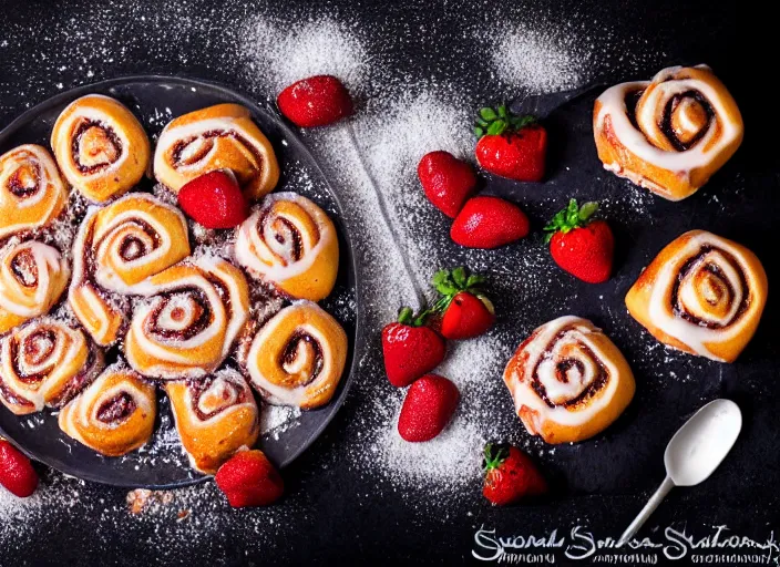 Image similar to sugary hot cinnamon rolls with extra glaze, strawberries, sprinkles, and dollar bills, professional food photography, studio lighting, plating