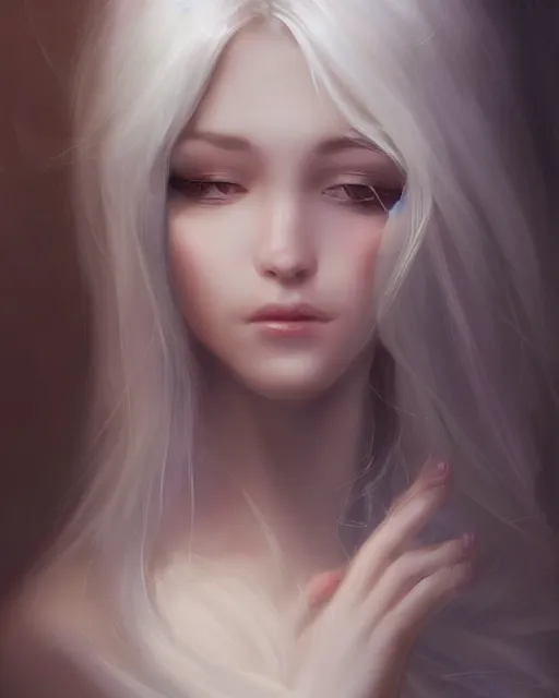 Prompt: a beautiful female cleric, ethereal, dreamy, backlit, silky white hair, realistic face, realistic lighting, sharp focus, hair in the wind, rule of thirds, by artgerm, wlop, rossdraws, frank frazetta, andrei riabovitchev, trending on artstation, hd, 4 k, fantasy