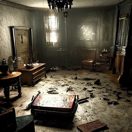 Prompt: room of a dark mansion, objects from ritual in the ground, realistic, highly detailed, background of resident evil game, guillermo del toro