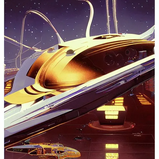 Prompt: painting of syd mead artlilery spaceship with ornate metal work, filigree ornaments, volumetric lights, simon stalenhag