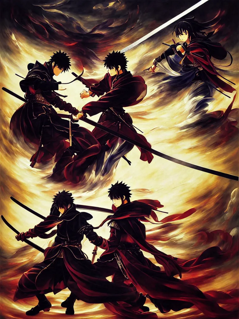 Image similar to baroque oil painting of key visual samurai duel, samurai armor, rain, brutalist fantasy, style of makoto shinkai takashi takeuchi yoshiyuki sadamoto, fate stay night