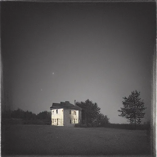 Prompt: house in the wood, big moon, artwork by Rene Magritte, night, pinhole analogue photo quality, monochrome, blur, unfocus, cinematic, 35mm, minimal