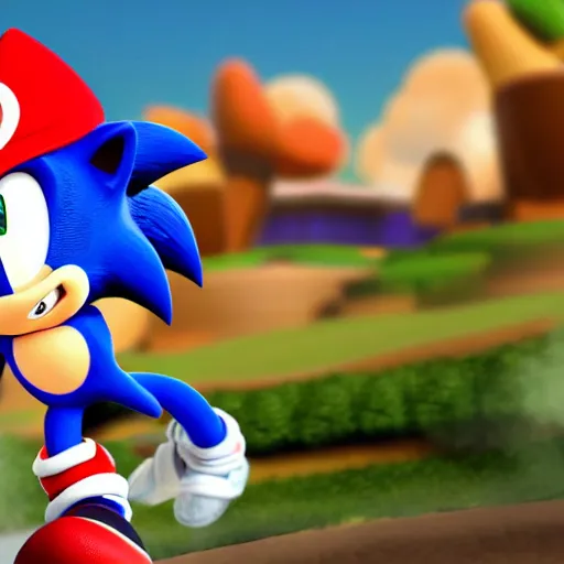 Prompt: photo-realistic sonic the hedgehog wearing a mario hat