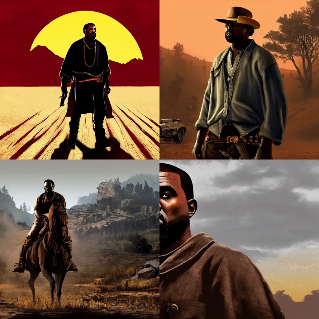 Prompt: kanye west in the red dead redemption loading screen, masterpiece, 8 k, 4 k, art by daren bader