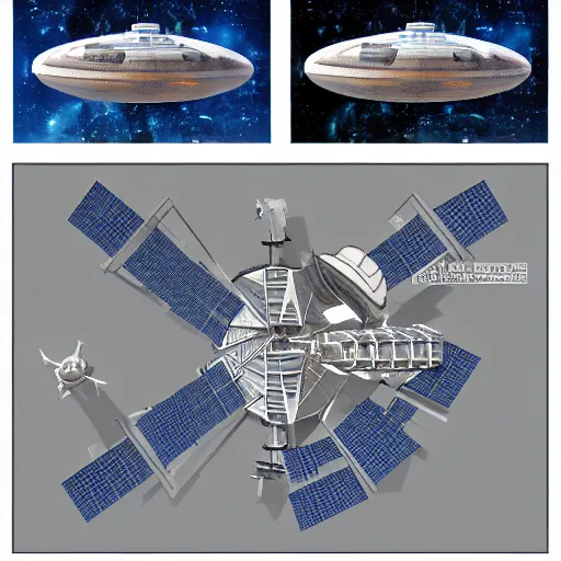 Image similar to top view, side view and front view of a science fiction space station, concept art, digital art, first angle projection