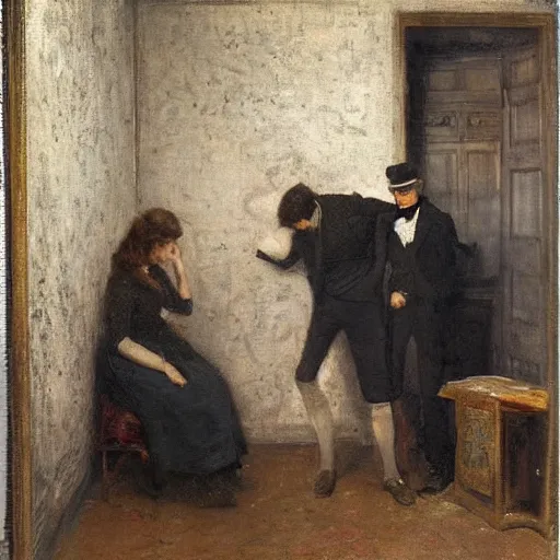 Image similar to a man and a woman solving an escape room puzzle, mysterious markings on the wall, by alfred stevens