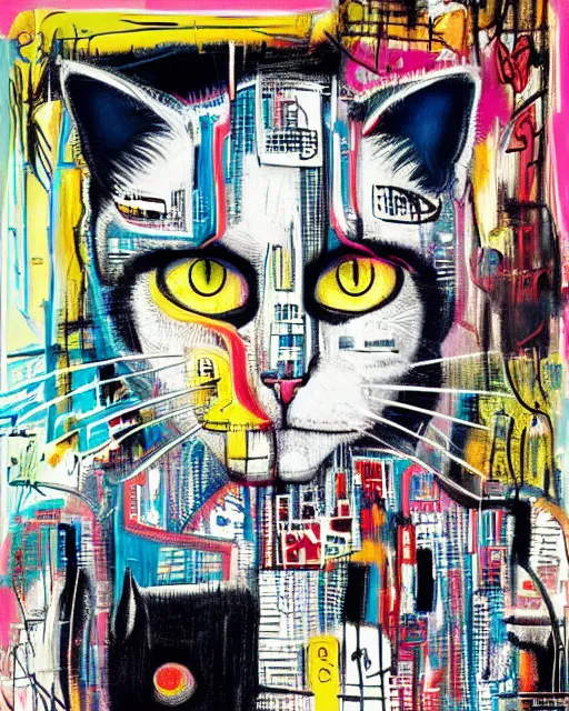 Prompt: a cyberpunk portrait of a cat by jean - michel basquiat, by hayao miyazaki by artgerm, highly detailed, sacred geometry, mathematics, snake, geometry, cyberpunk, vibrant, water