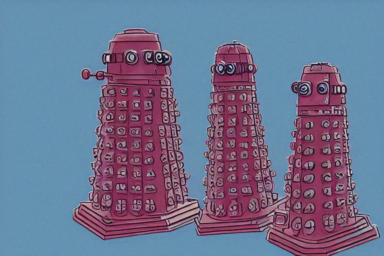 Image similar to daleks!, in the style of john avon and derek riggs and eva widermann, trending on artstation, halfrear lighting closeup view anaglyph filter, bokeh, anime, colored pencil art, belle epoque