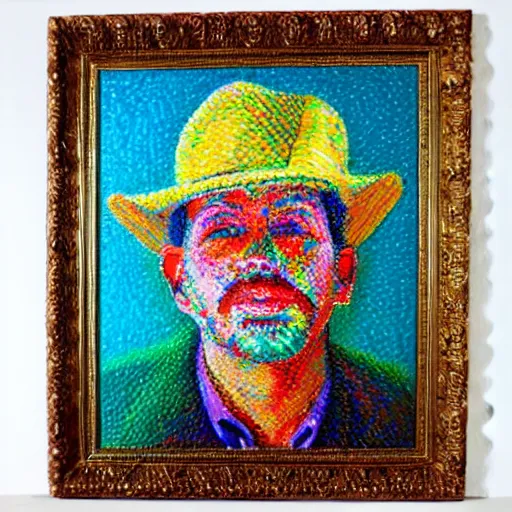 Image similar to oil on canvas, vivid colors, portrait of a man, impressionistic, rough paint, pointillism