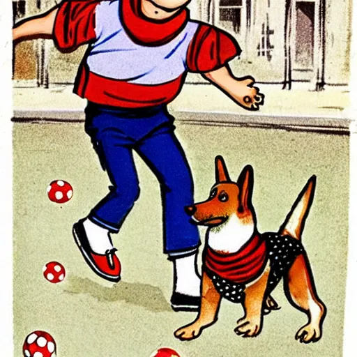 Image similar to book illustration of a french boy on the streets of paris playing football against a corgi, the dog is wearing a polka dot scarf, 1 9 6 6