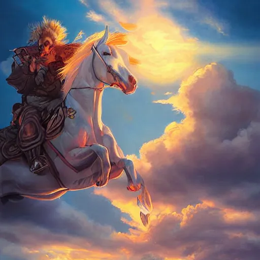 Prompt: a beautiful painting of ghost riders in the sky, sunrise, by wlop, artgerm and charlie russell