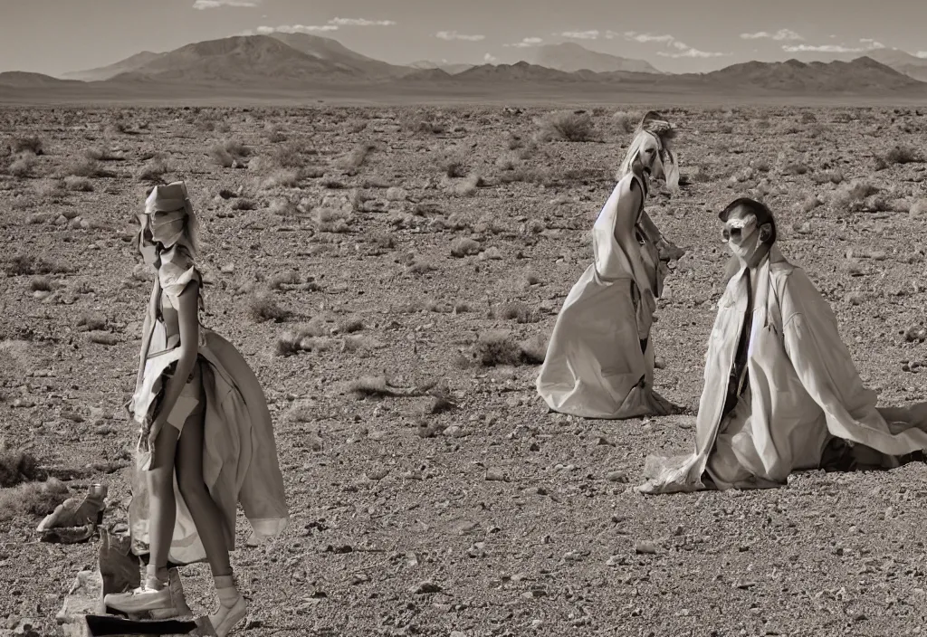 Prompt: fashion editorial in nuclear explosion. Nevada desert test site. wide angle shot. highly detailed. depth of field. high definition. 8k. photography.