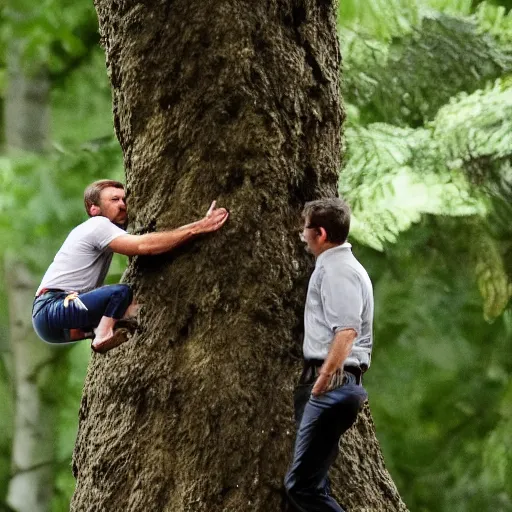 Image similar to close up of steve carrell climbing a giant tree