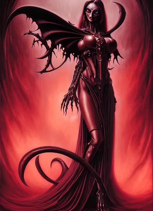 Prompt: masterpiece, vampiric succubus girl concept art, stylized, doom, elegant, imperial, epic, intricate art by artgerm, boris vallejo, h. r. giger, greg rutkowski, josan gonzalez, zdizslaw beksinski, biomechanical, crimson darkness, hellscape, art nouveau